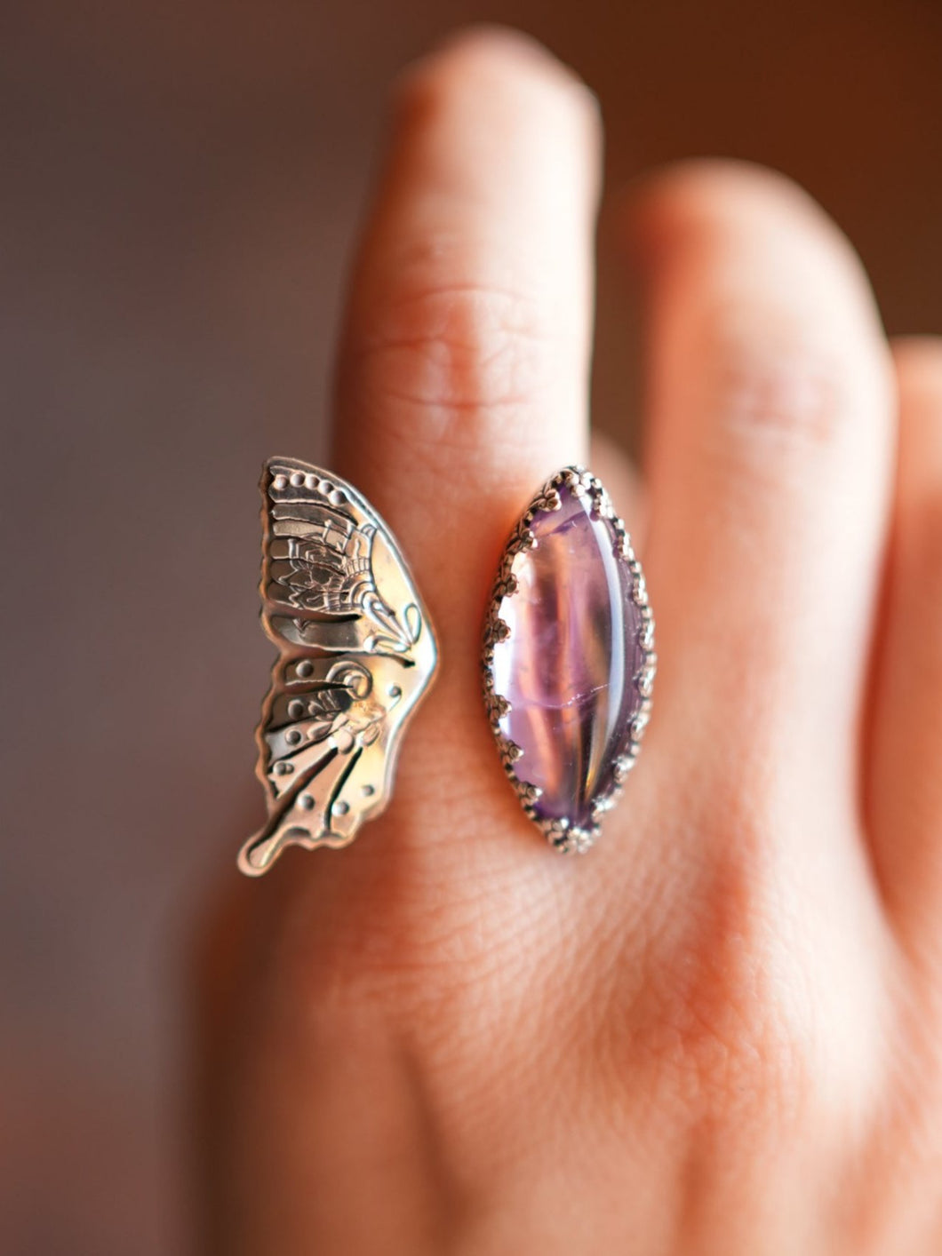 Amethyst Butterfly Open Ring Size 7.5 - 7.75